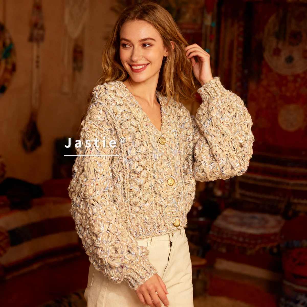 

Бежевый массивный вязаный свитер, кардиган, текстурированный вязаный свитер с v-образным вырезом и золотыми пуговицами спереди, свободный винтажный женский свитер с пышными рукавами, пальто