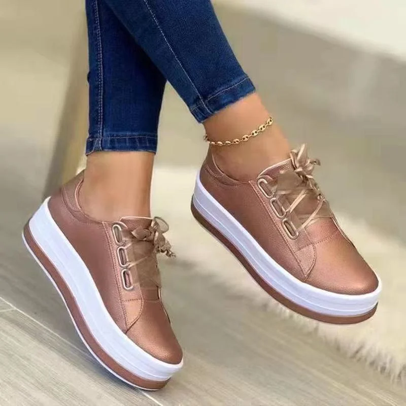 Spring and Autumn New Women\'s Shoes Comfortable Flat Casual Shoes Lace-up Walking Running Shoes Thick-soled Non-slip Sneakers