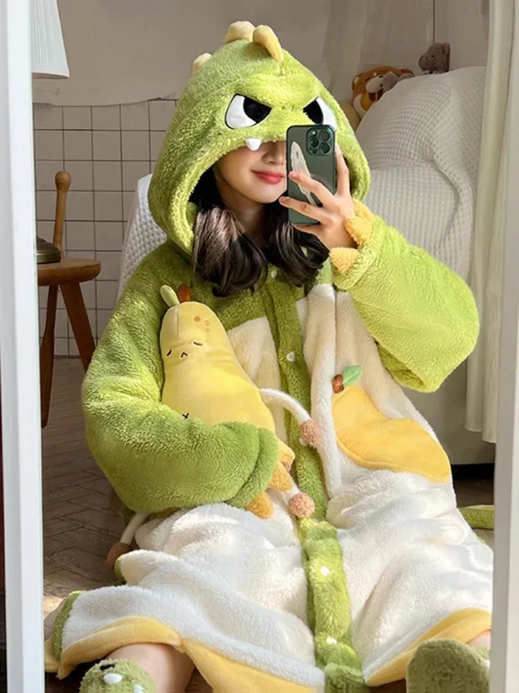 2024 Winter Pajamas For Women Cartoon Dinosaur Hooded Long Robe Cute Home Wear Sleepwear Thick Flannel Comfy Lounge Bathrobe