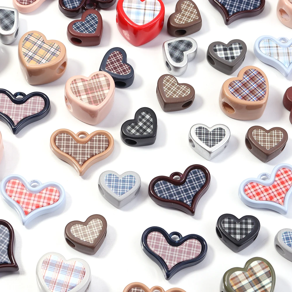 5-10pcs Sweet Plaid Heart Acrylic Beads Love Shape Checkboard Loose Spacer Bead For Jewelry Making DIY Necklace Kaychains