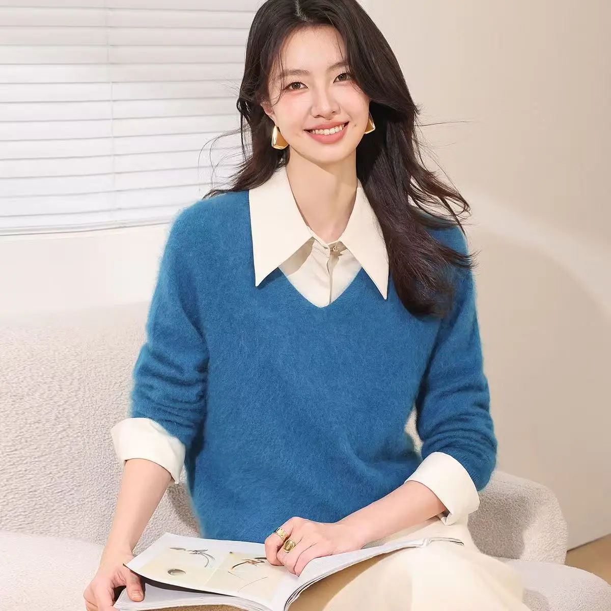 

Осень/зима, женский свитер из 100% чистой шерсти с v-образным вырезом, пуловер, свободная трикотажная нижняя рубашка