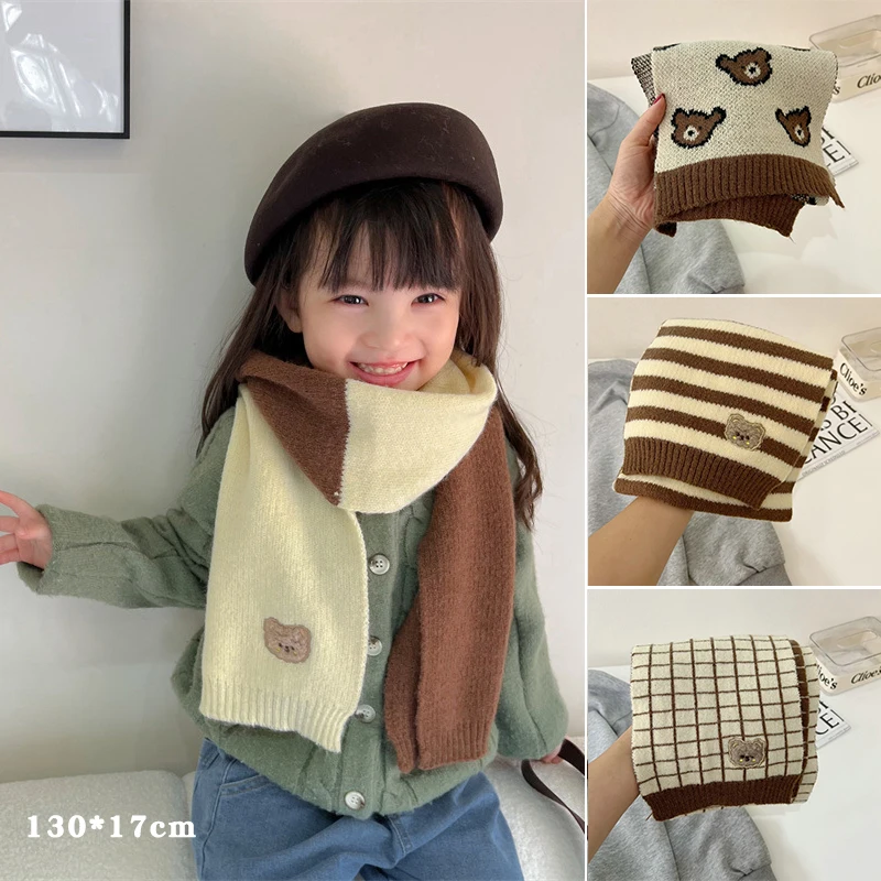 Cute Plaid Striped Bear Kids Scarf Korean Knitted Winter Warm Scarves Children Girl Boys Outdoor Cold-proof Neckcheif Shawl