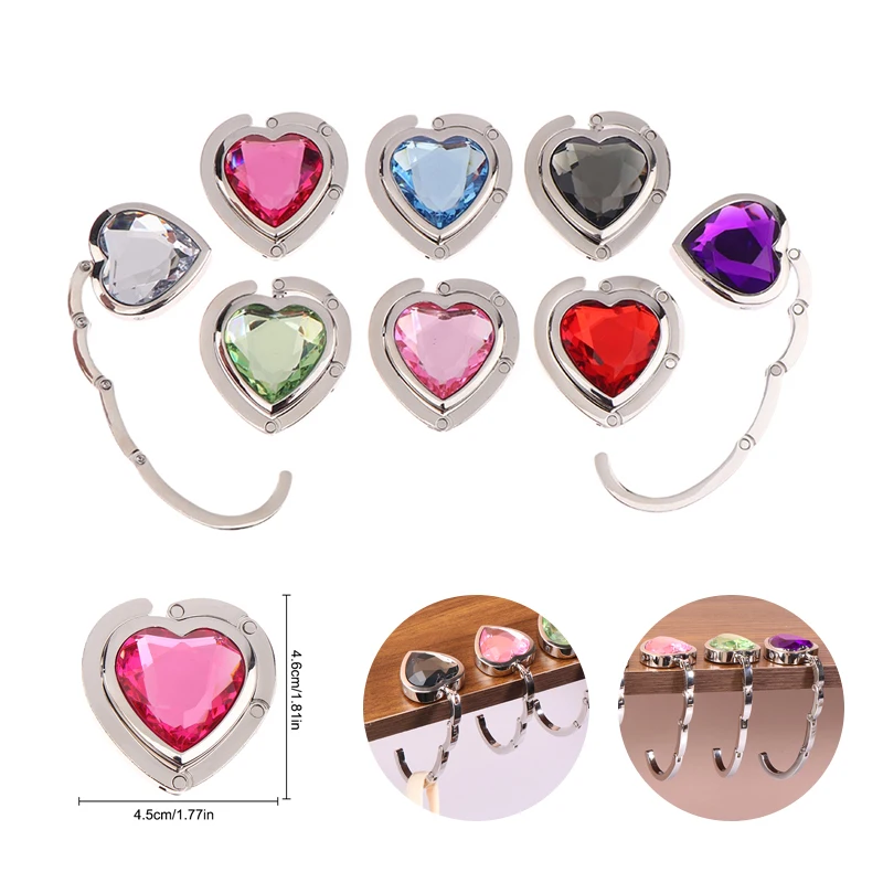 Heart Shaped Folding Crystal Handbag Hook Bag Hanger Portable Foldable Table Hook Organizer Table Side Hooks Bag Accessories
