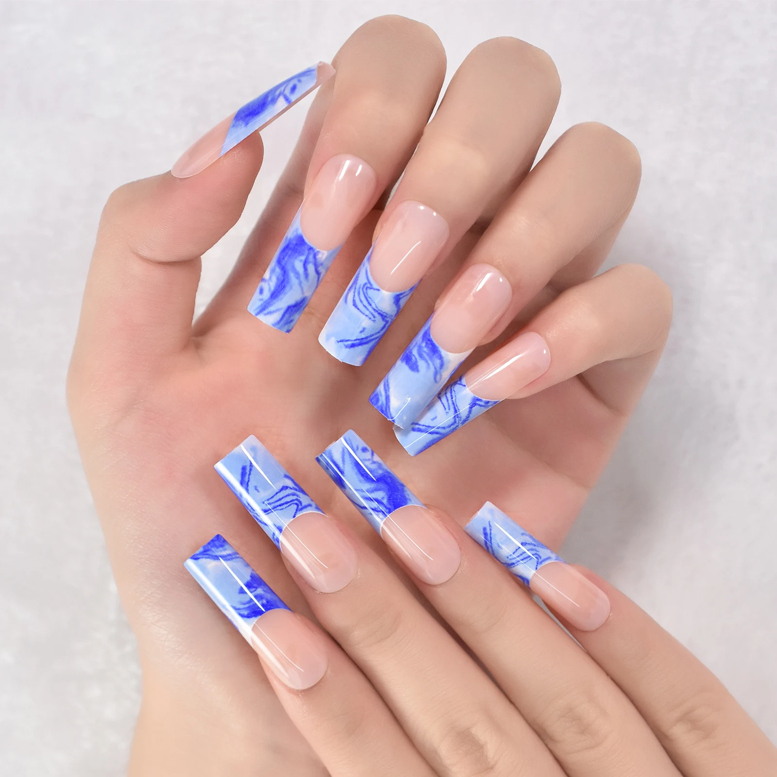 Long Square Fingernails France Long Tips Lovely Pattern Bule Twist Lines With 24Pcs Adhesive Tabs Beauty Nails For Party Outdoor