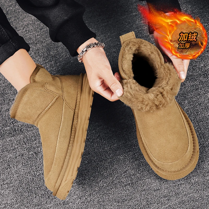 

2025 Winter Platform Warm Fur Ankle Short Slip on Fashion Casual Work Shoes Botas Platform Boots New Leather Men's Boots