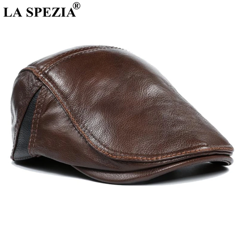 LA SPEZIA Flat Cap for Men Autumn Winter Real Leather Male Beret Patchwork High Quality Black Brown British Style Men\'s Ivy Cap