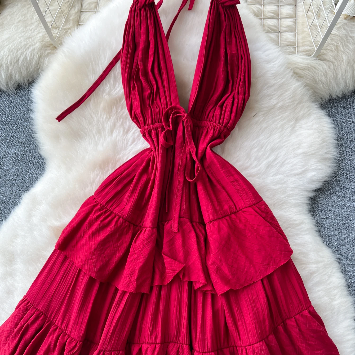 Chic vintage scollo a V a strati solido sottile Elegante fata moda coreana Boho vestito estivo abbigliamento donna Abito lungo