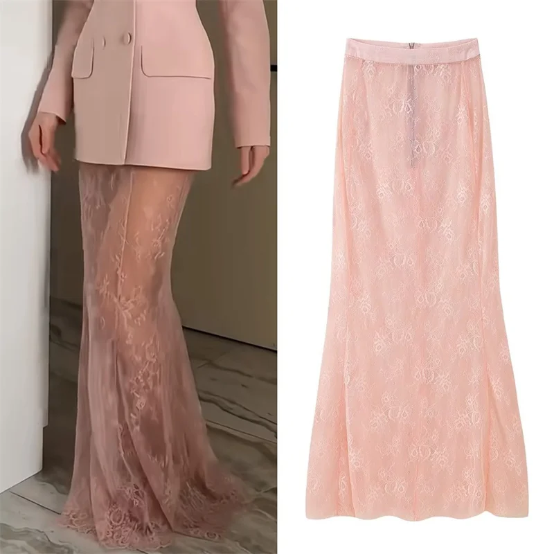 

Women's Skirt 2025 New Summer Lace Sheer Solid Color Sheer Maxi Skirt Club Party Sexy Midi Dress