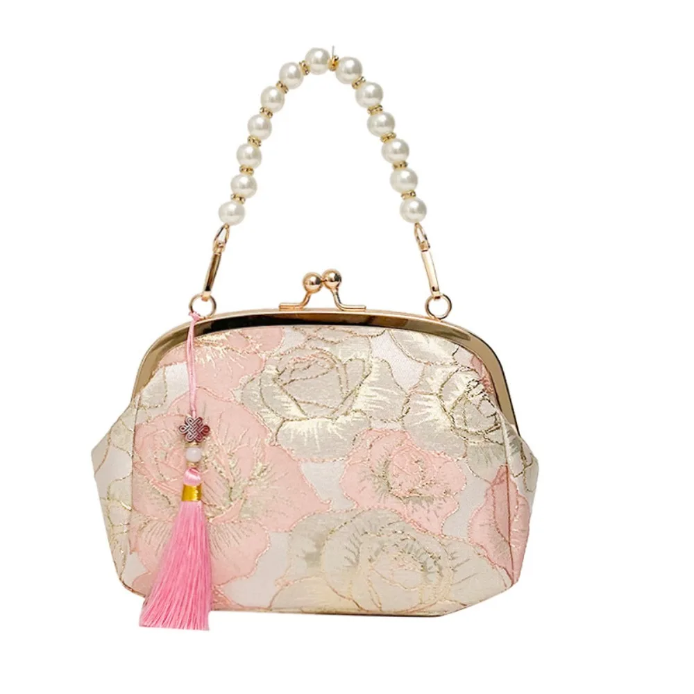 

Cheongsam Accessories Embroidery Banquet Bag Wrist Bag Large Capacity Hanfu Handbag Shoulder Bag Pearl Handle Ladies Clutch Bag