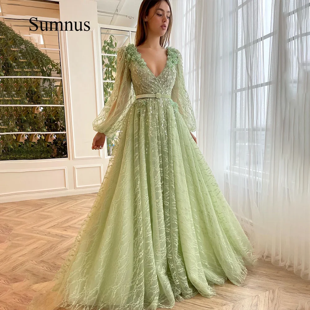 

Sumnus Luxury Green A Line Evening Party Dresses Lace Tulle Flowers Long Sleeve Prom Dress Belt Graduation Party Gown Customized