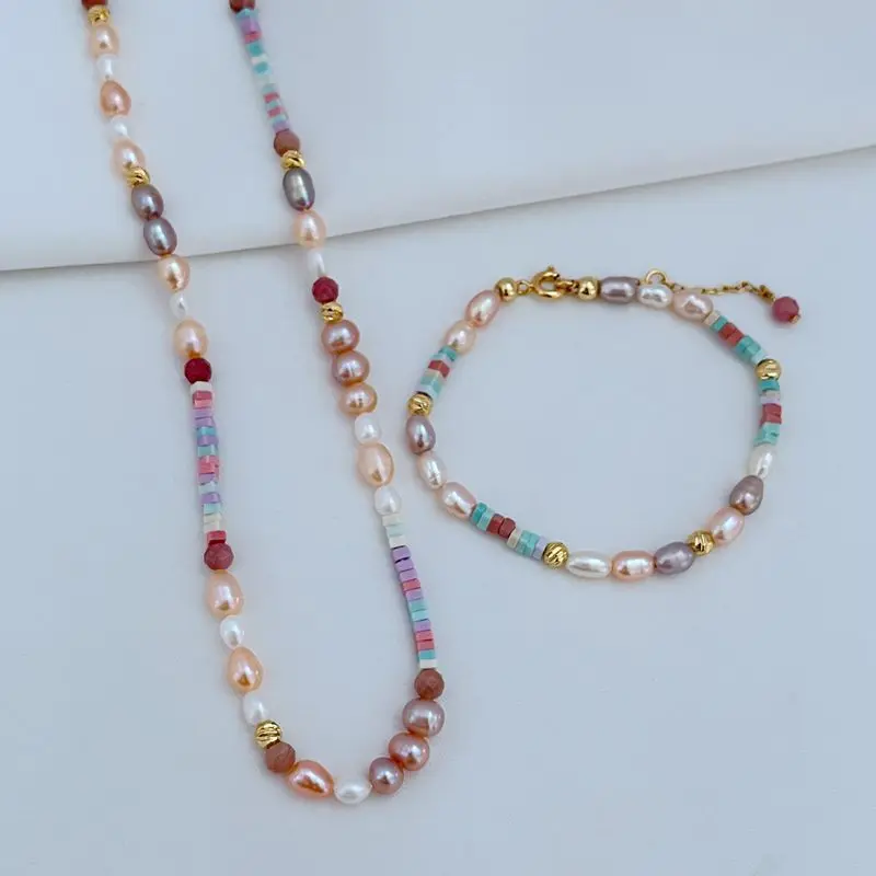 

New Fashion Light Luxury Temperament Sweet Dreamy Pink and Purple Natural Freshwater Pearl Beaded Bracelet Necklace Jewelry Sets