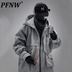 PFNW Menswear Irregular Patch Bag Design Tide Jacket For Men Loose Fit Casual Hooded Mid Length Zipper Coat Trendy New 12C1385