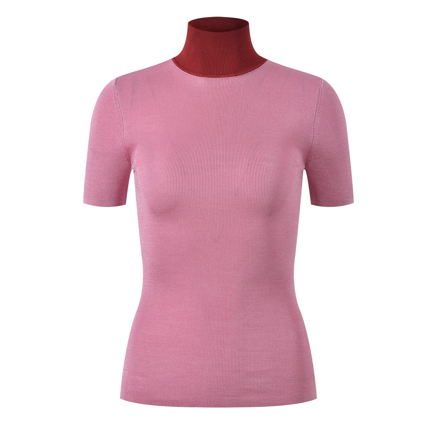 เสื้อยืดถักทรงเข้ารูป คอสูง สีสันสดใส สไตล์ลำลอง สำหรับผู้หญิง รุ่นซัมเมอร์ 2025 ดีเทลสีชาสดใส