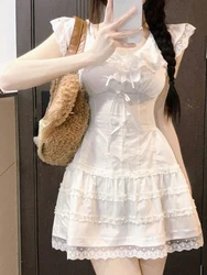 Summer Y2k Coquette White Lolita Sweet White Kawaii Cute Mini Dress Women Lace Bow Princess Slip Lace Short Dresses 2024 Fashion