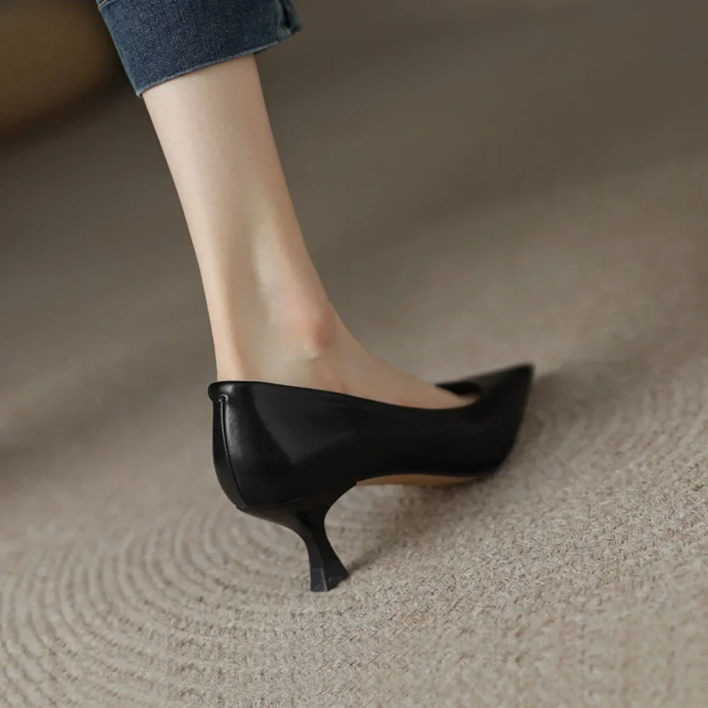 High Heeled Shoes for Women\'s New Minimalist Shallow Cut Slim Heel Single Shoes Women Pointed High Heels Small Leather Shoes