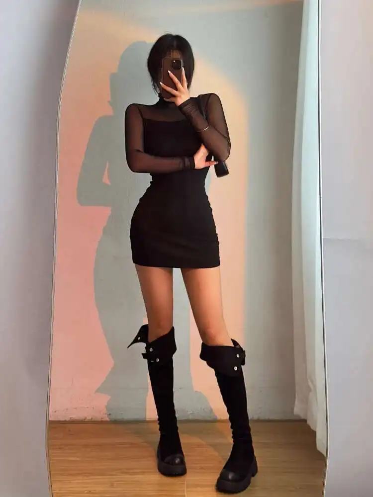 WOMENGAGA Half Hoge Hals Lange Mouw Mesh Slanke Wrap Hip Jurk Elegante Korte Mesh Kant Sheer Sexy Koreaanse Vrouwen Tops 29T2