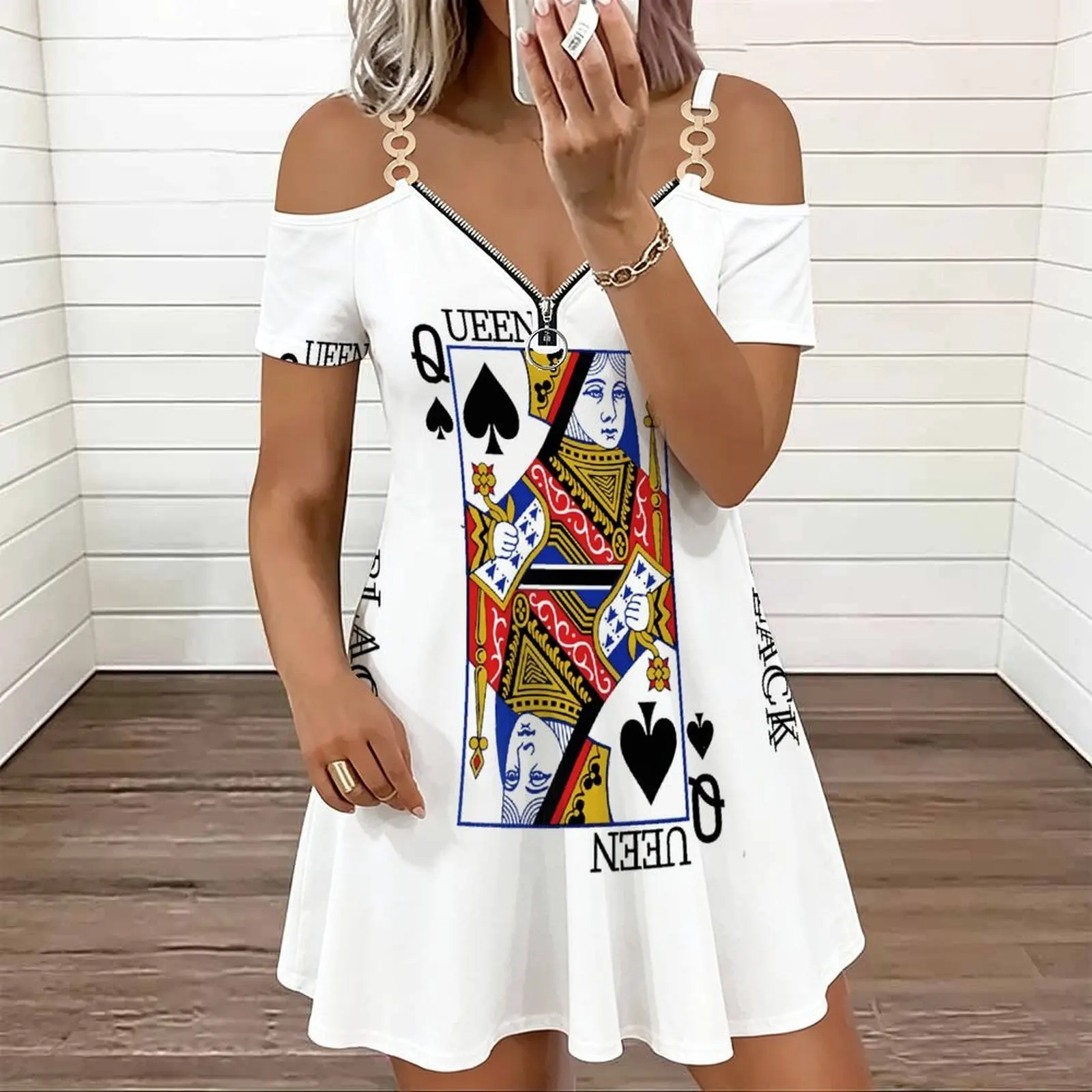 Summer Sexy Dress  Women's Commuting  Slim Skirt Ladies Round-neck Print Cold‑shoulder Double Strap V‑neck Zipper Dress