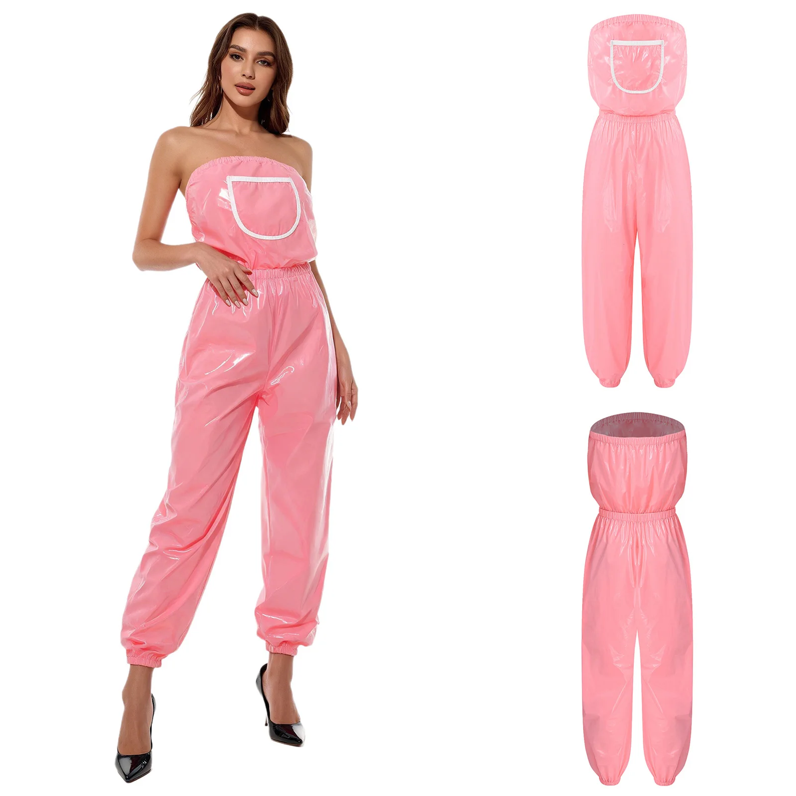 Women Strapless Elastic Waist Leg Opening Glossy Waterproof Jumpsuit Leak-proof Diaper Cover Special Needs Adaptive Rompers