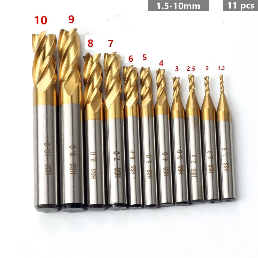 

7Pcs/11Pcs Milling Cutters 4-Flute Titanium Coated HSS End Mill Set 1.5-10mm CNC Router Bit For Wood Steel Milling