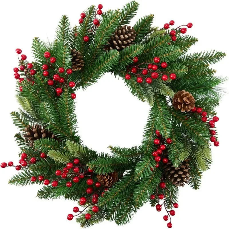 50cm Artificial Christmas Wreath Fake Pine Garland Red Berry Pine Cone Door Hanging Xmas Party Home Wall Porch Holiday Decor