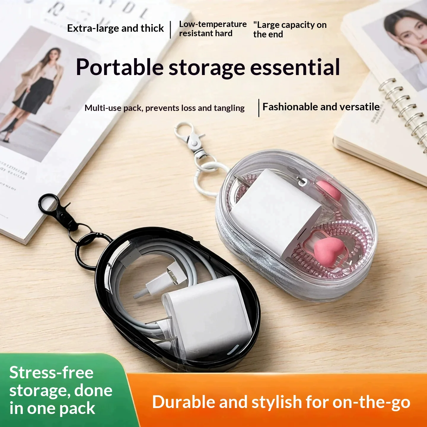 Portable Clear PVC Storage Case with Keychain, Oval Zipper Bag for Data Cable Charger Earbuds Small Gadget Travel Organizer