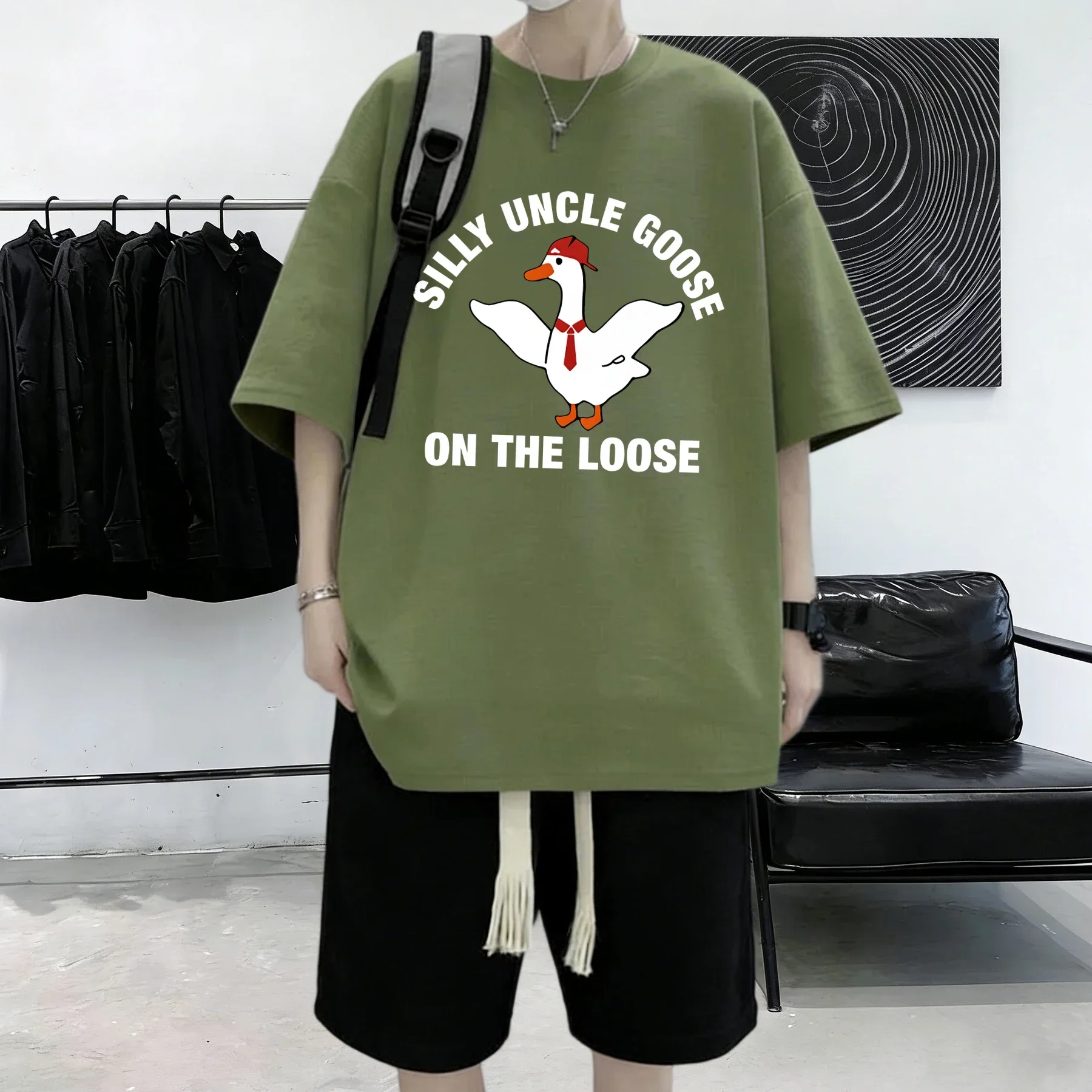 Silly Uncle Goose On The Loose Pattern Summer Cotton Daily T-Shirt Men All-Match Soft Streetwear Breathable Thin Beach Tops