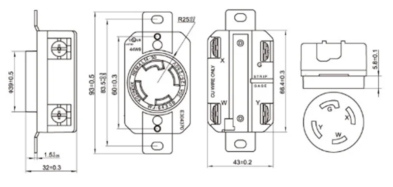 30 Amp, Plug & Connector Set, NEMA L14-30R & L14-30P, 125/250V, Industrial Locking Plug Socket, Grounding 7500 Watts Generators