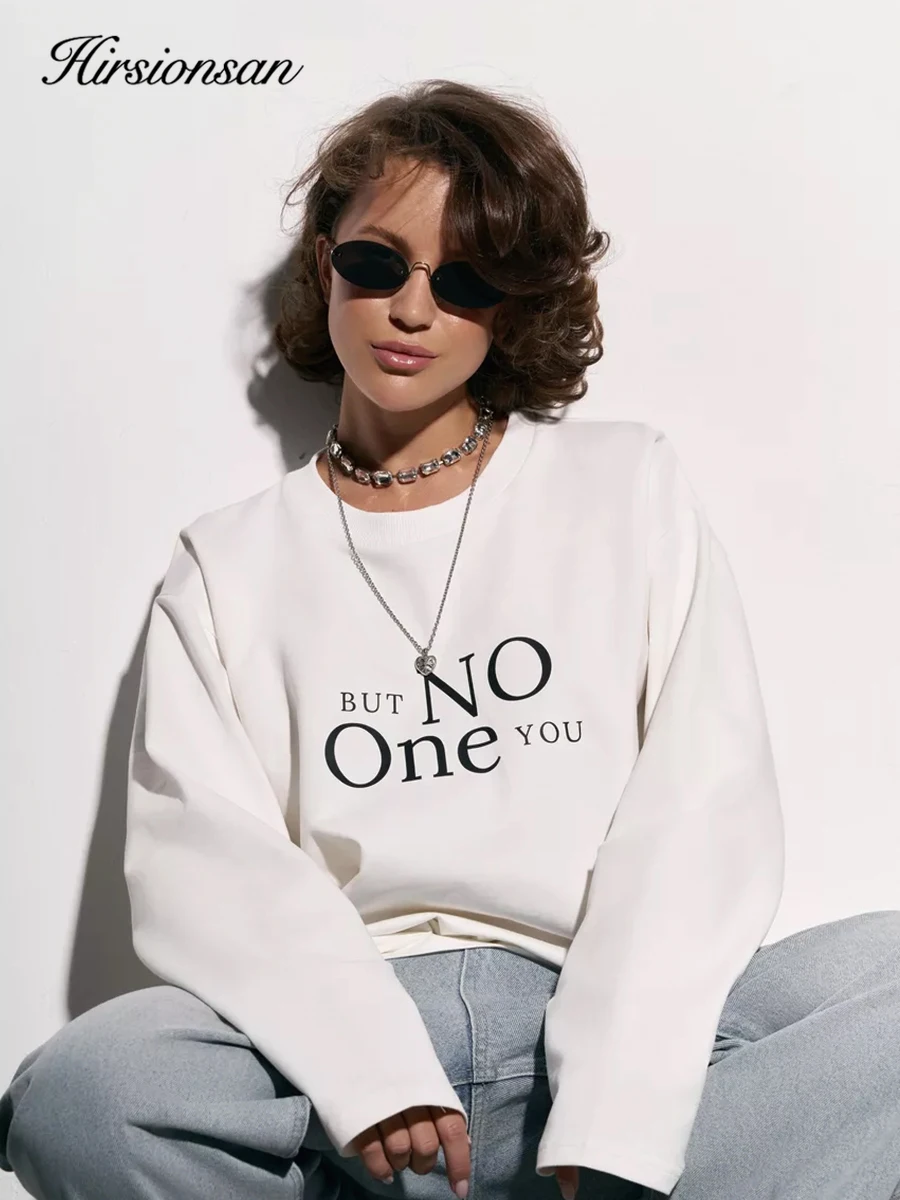 

Hirsionsan Letter Printed Long Sleeved T-shirt for Women Loose Fit Pure Cotton Round Neck Basic Top