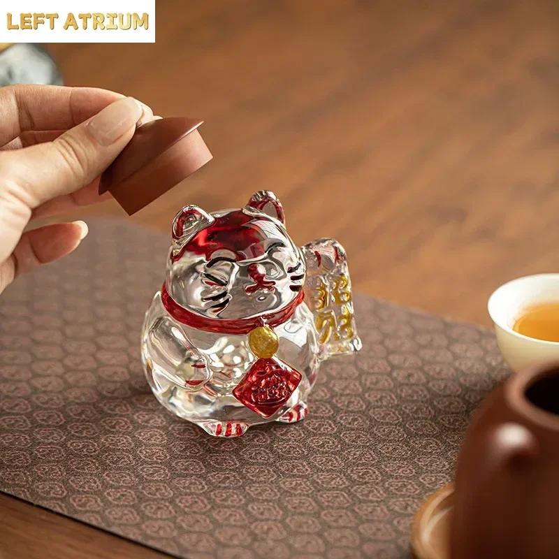 1PC Creative Holiday Gifts Lucky Cat Gradual Change Symphony Glass Crystal Red Rhyme Tea Space Tea Pet Cover Tea Table Ornament