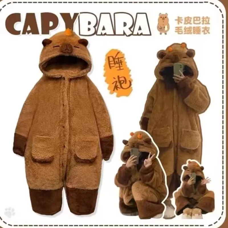 Cartoon Animal Capybara Pajama Set Cosplay Winter Soft Plush Jumpsuit Adults Anime Velvet Pajama Night Robe Clothes Suit Gift