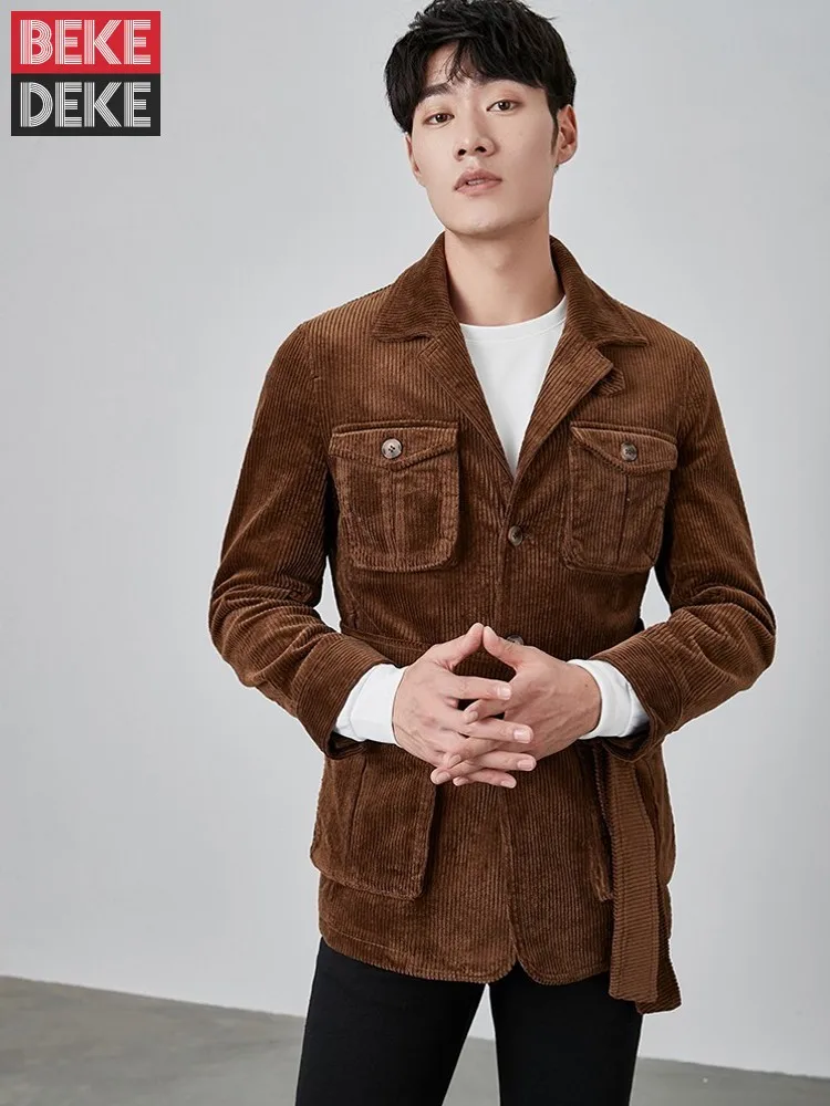 

Mens Autumn Winter Cotton Jacket Belt Fashion Youth Jackets Turndown Collar Multi Pockets Single Breasted Chic Coats Outerwear