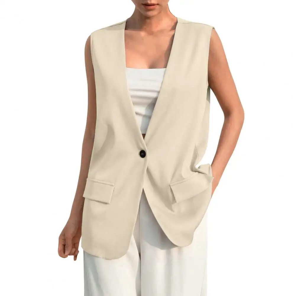 Elegant Women Vest Sleeveless Single Button Slim Cardigan Suit Coat Deep V Neck Formal Business Lady Waistcoat