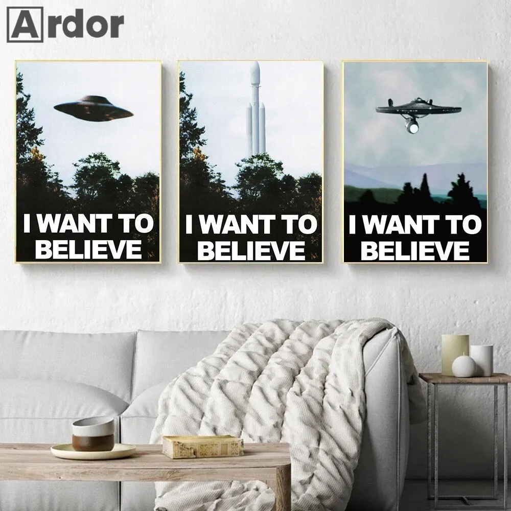 (2D canvas painting)  I Want To Believe UFO Poster  X Files TV Series Canvas Art Print for Living Room Wall Decor  Rocket Ali