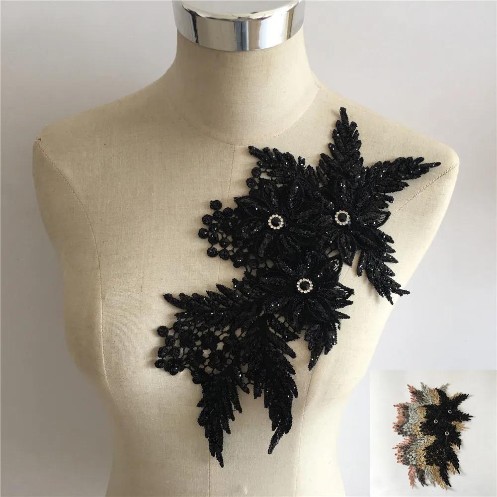 New arrive Gold 3D Flower Lace collar Lace Neckline Sequin Embroidery Applique Craft Rhinestone DIY Dress Decorate Accessories