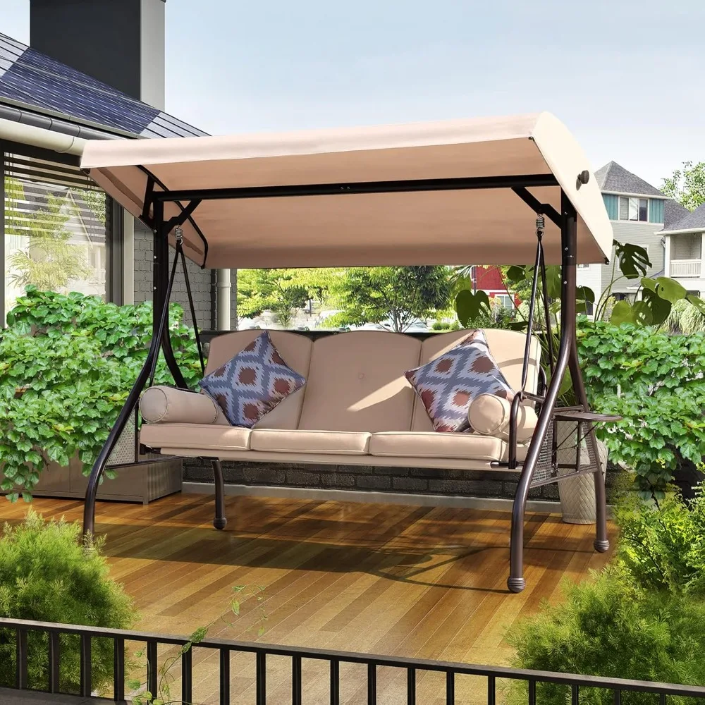 Patio Porch Swing, 3-Seat Outdoor Swing with Adjustable Canopy, Waterproof Fabric Cushion