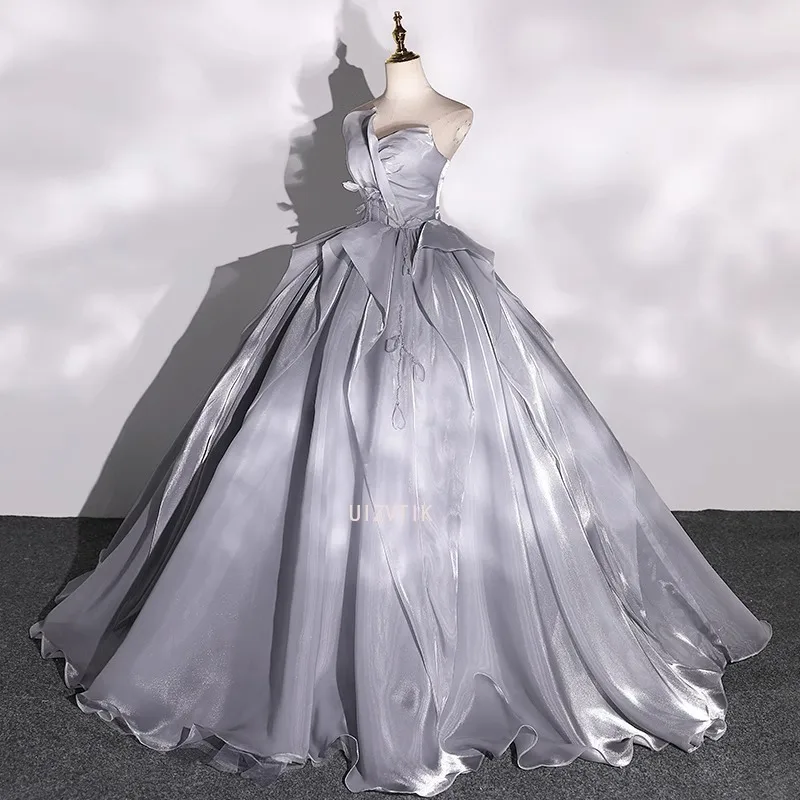 Light Luxury Strapless Party Evening Dresses Women High Quality Pleated A-line Prom Gowns Female Satin Formal Occasion Dress