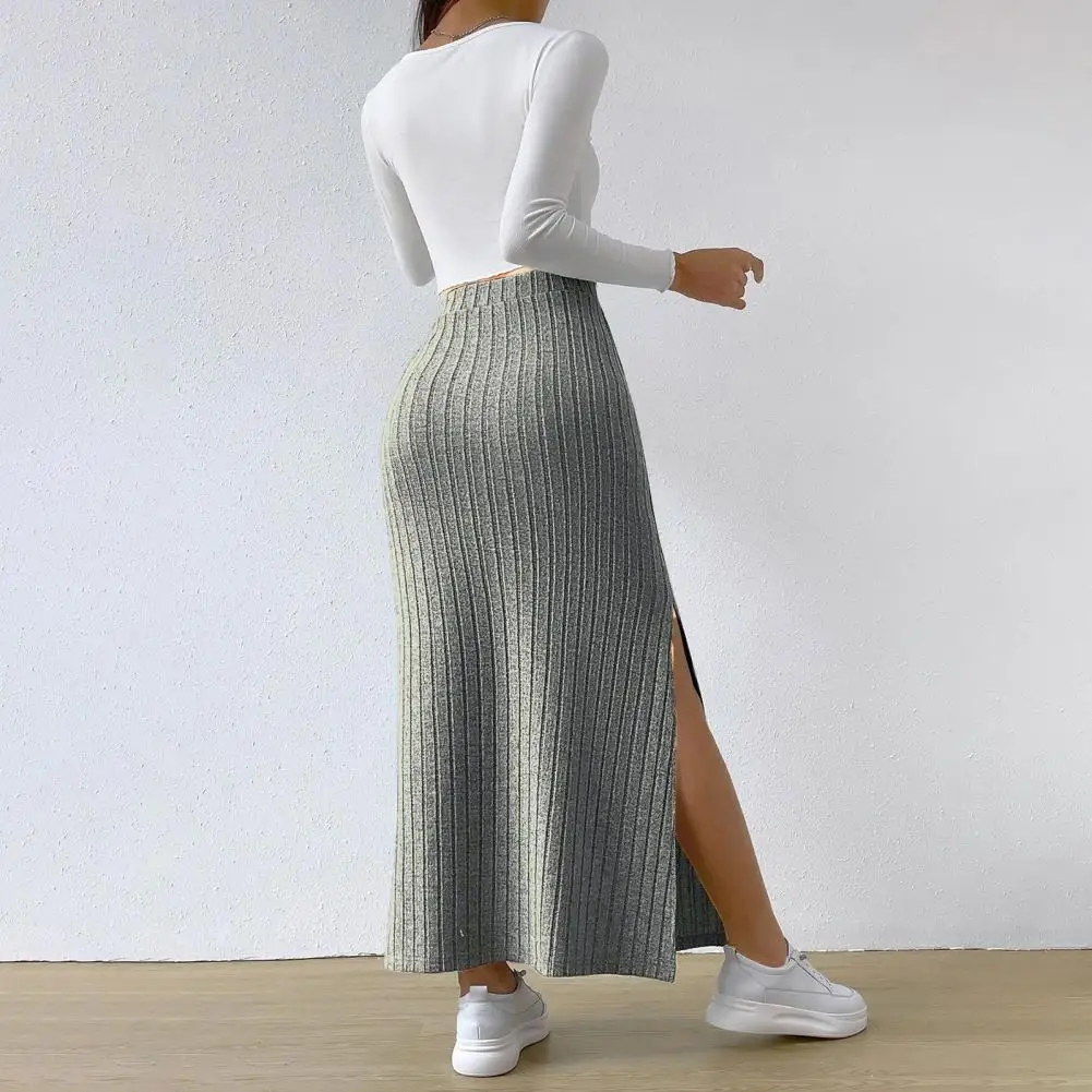 

Women Maxi Ribbed Side Slit Knitting Skirts Cozy Trendy Casual All-Match Harajuku Korean Soft Elastic Waist A-Line Knitted Skirt