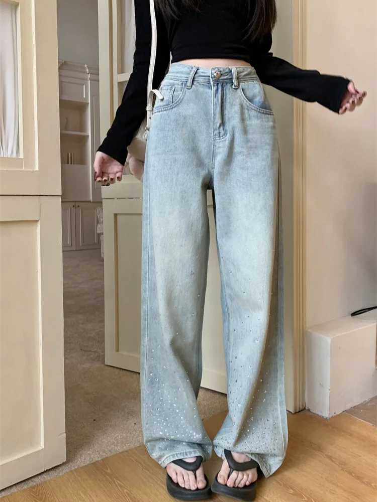 미국 스타일 하이웨이스트 와이드 레그 진 여성용 가을 겨울 신상 플러스 사이즈 슬림핏 스트레이트 롱 팬츠 라인스톤 디자인
