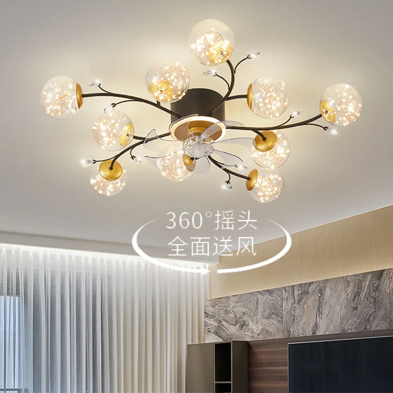 New living room fan ceiling lamp creative starry sky warm romantic individual elegant Dining Bedroom Silent electric fan lamps