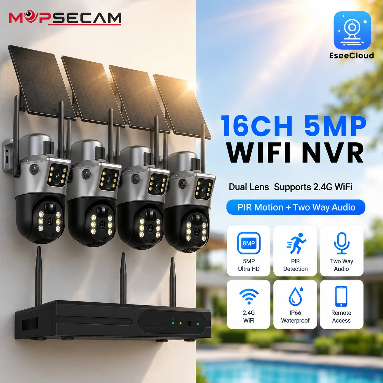 5MP 16-Kanal NVR 8MP WiFi PTZ Solar-IP-Kamera Sicherheitssystem-Set Farbnachtsicht PIR-Bewegungserkennung P2P Zwei-Wege-Audio CCTV-Kamera-Set