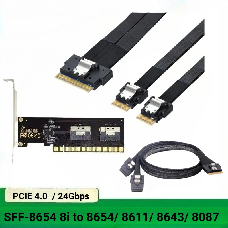 Slim SFF-8654 8i auf 2 Ports 8654 8611 8643 OCULINK Mini SAS 8087 Server-Datenkabel 24 Gbit/s 4i 8i PCI-E NVMe M.2 NGFF-Adapterkarte