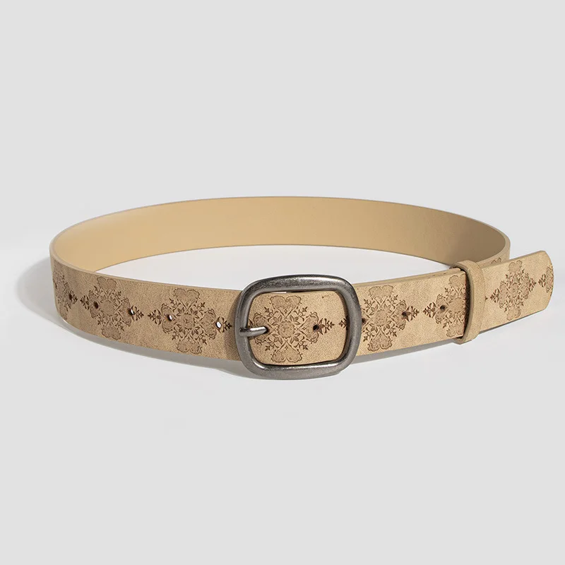 New Retro Color-Changing Tangcao Embossed Antique Silver Oval Buckle Simple All-Match Cross-Border Belt Fashion Women's Belt