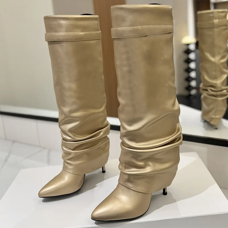 

Top quality cowhide upper women's high heels keen length boots and genuine leather sole Metal buckle decoration elegant 25090412