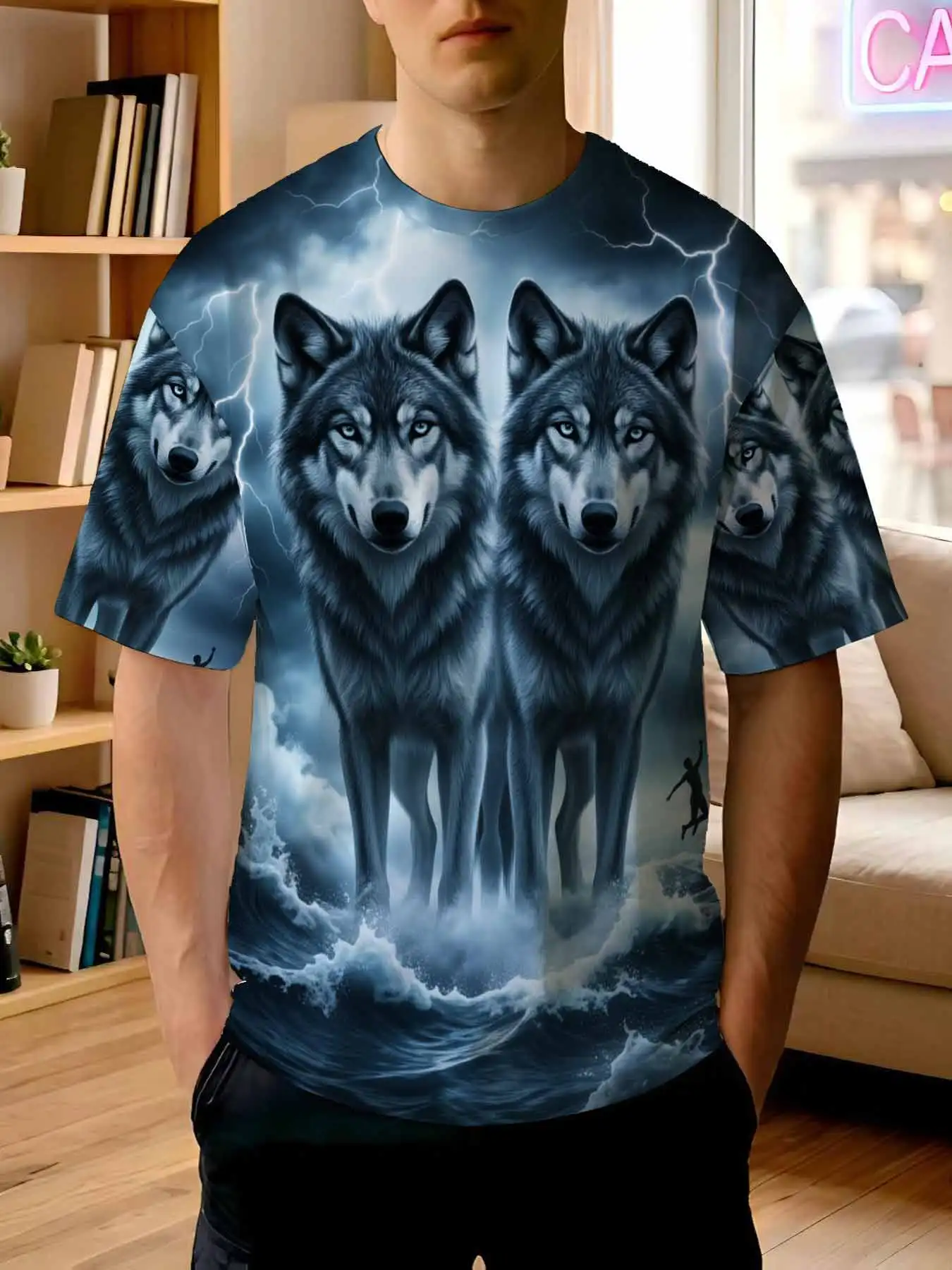 Camiseta estampada nueva 2026 para hombre, con estampado Dominant Thunder Giant Wolf Wave, estilo americano oscuro, top informal de moda urbana