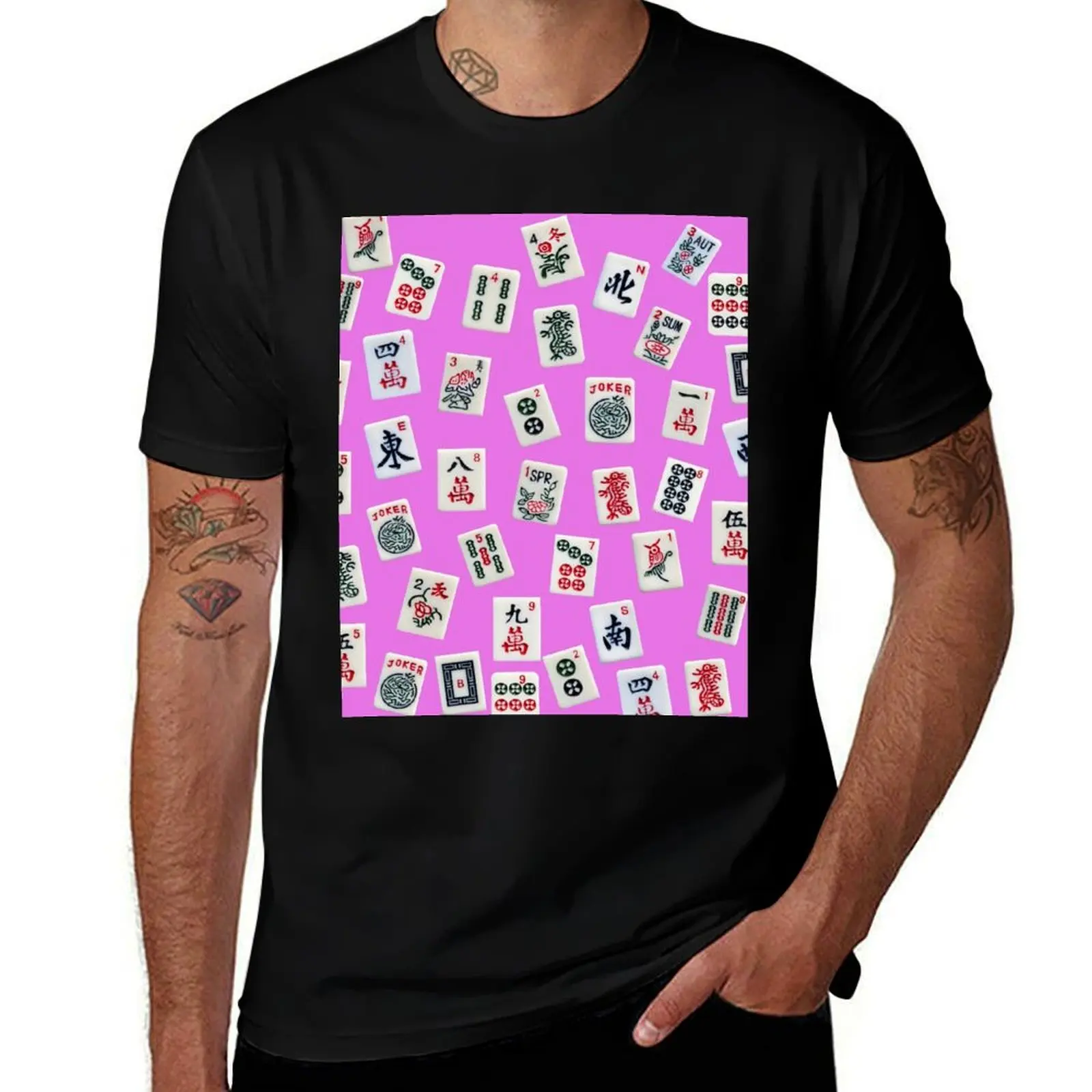 Mahjongg game tiles design on pink color T-Shirt Aesthetic clothing heavyweights men clothings