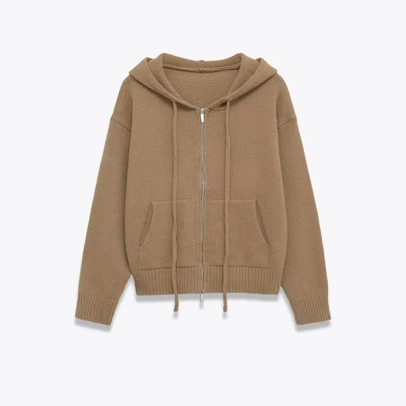 

Вязаный кардиган на молнии с открытой строчкой, простой стиль, с длинными рукавами, модная зимняя теплая уличная одежда с капюшоном, офисные женские топы