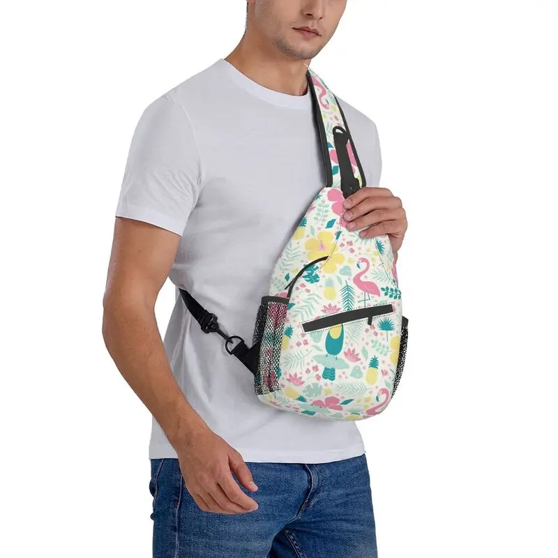 Sac à dos à bandoulière à motif tropical personnalisé pour hommes, sac à bandoulière à feuilles de flamants roses, sac de poitrine initié pour le voyage, sac à dos