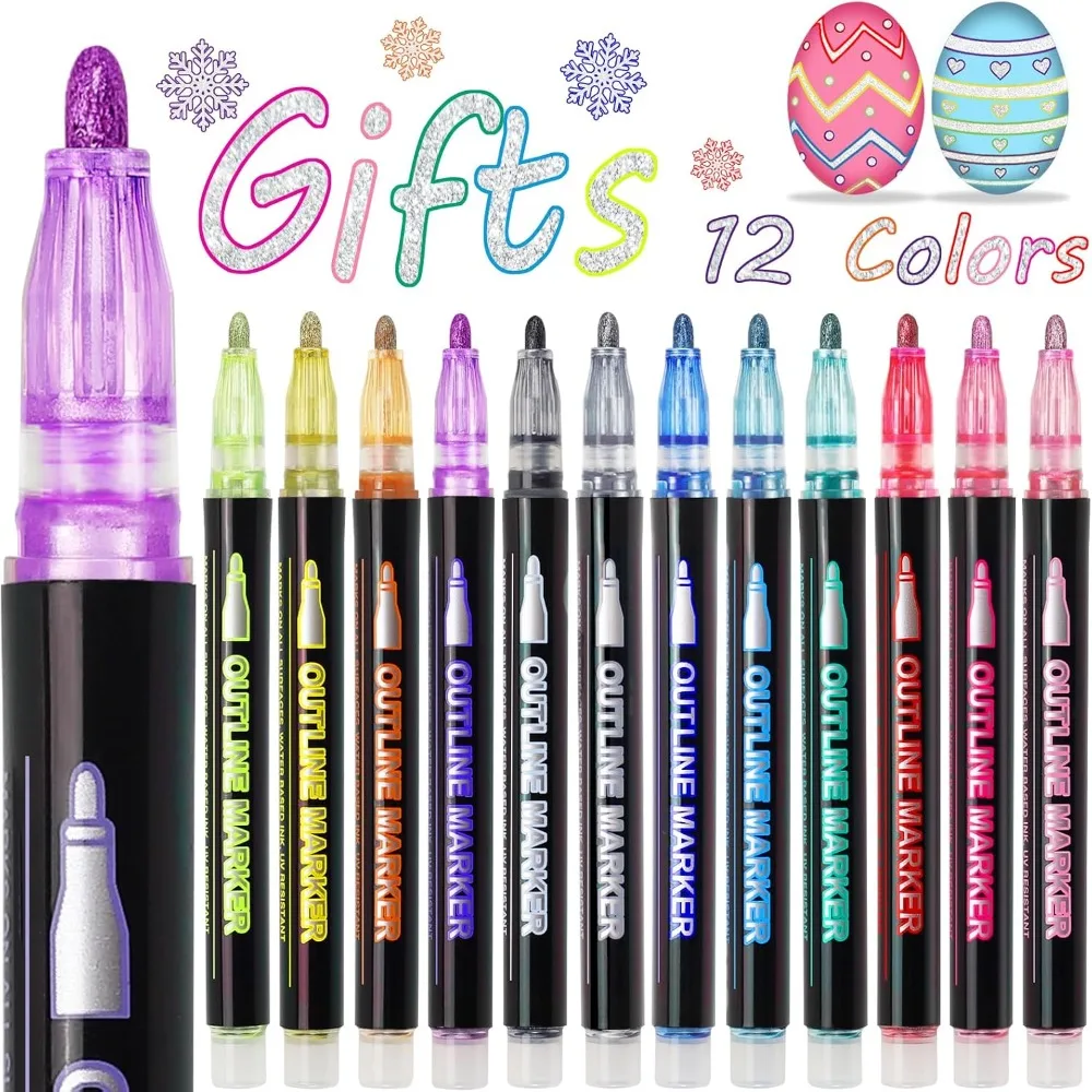 Cute Glitter Doodle Outline Pens Quick-Drying Hand Drawn Graffiti Shimmer Markers DIY Arts Crafts Paint Pen for Art Projects