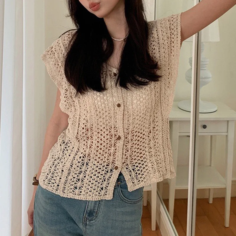 Sheer Crochet Top Button Front V-Neck Fly Sleeve Open-knit Embroidery Blouse Women Summer Boho Vacation Outfit