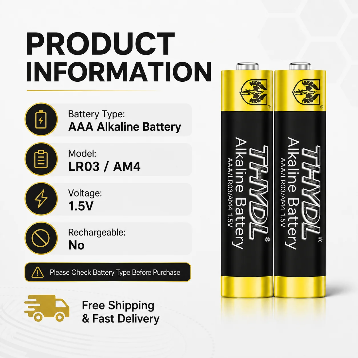 AAA Alkaline Batteries 1.5V LR03 AM4 Non-Rechargeable Dry Cell for Remote Control Mouse Keyboard Clocks Calculator
